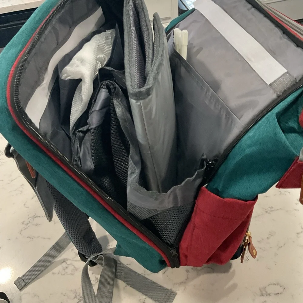 NWOT Good Mum Quilted Multi-Color Backpack w Changing Station USB. Teal Navy Red